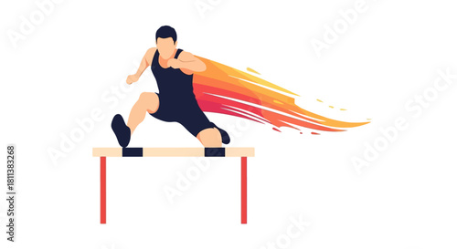 Athlete Jumping Over Hurdle with Fiery Speed Trail Vector Illustration for Sports and Fitness