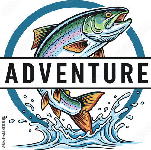 Jumping Trout Fish Adventure Badge Logo Vector
