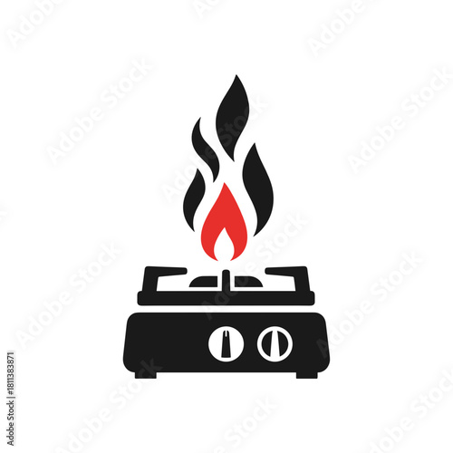 Colorful gas stove with flame, modern design, kitchen appliance, black and red, concept