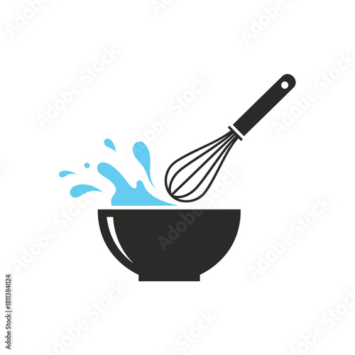 Colorful mixing bowl with whisk and splashes, modern design, kitchen utensil, black and blue, concept