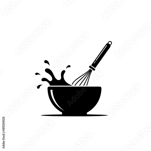 Silhouette of a mixing bowl with whisk and splashes, minimalist design, kitchen utensil, black and white, concept