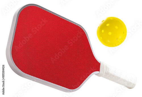 Red pickleball paddle with Yellow pickleball isolated on white with clipping path, modern sports equipment for pickleball training and gameplay PNG file.