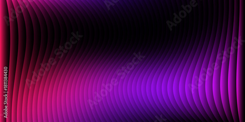 Neon ribbed fractal glass 3d background. Holographic vertical stripe pattern with vibrant purple blue yellow gradient. Abstract black bg, iridescent texture lines in radiant colors. 3D illustration