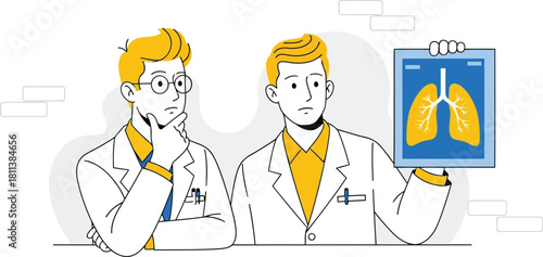 Medical professionals analyzing lung x-ray, healthcare diagnosis and treatment, outline style
