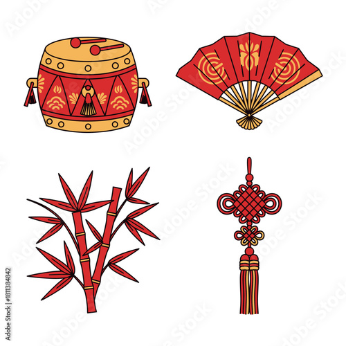 Vibrant Traditional Asian Cultural Symbols Including Fan Drum and Decorative