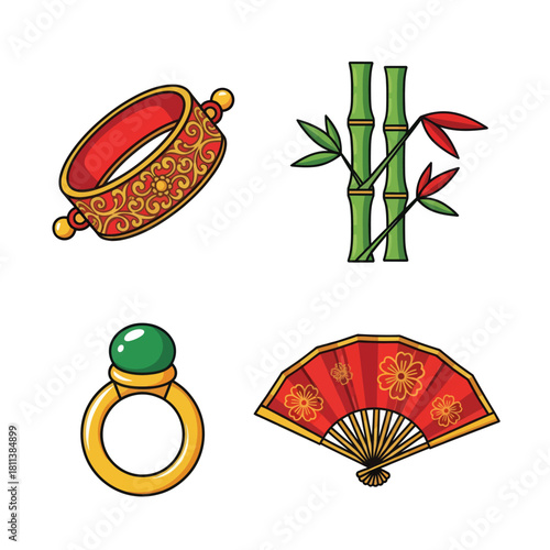 Collection of colorful cultural artifacts representing traditional Asian