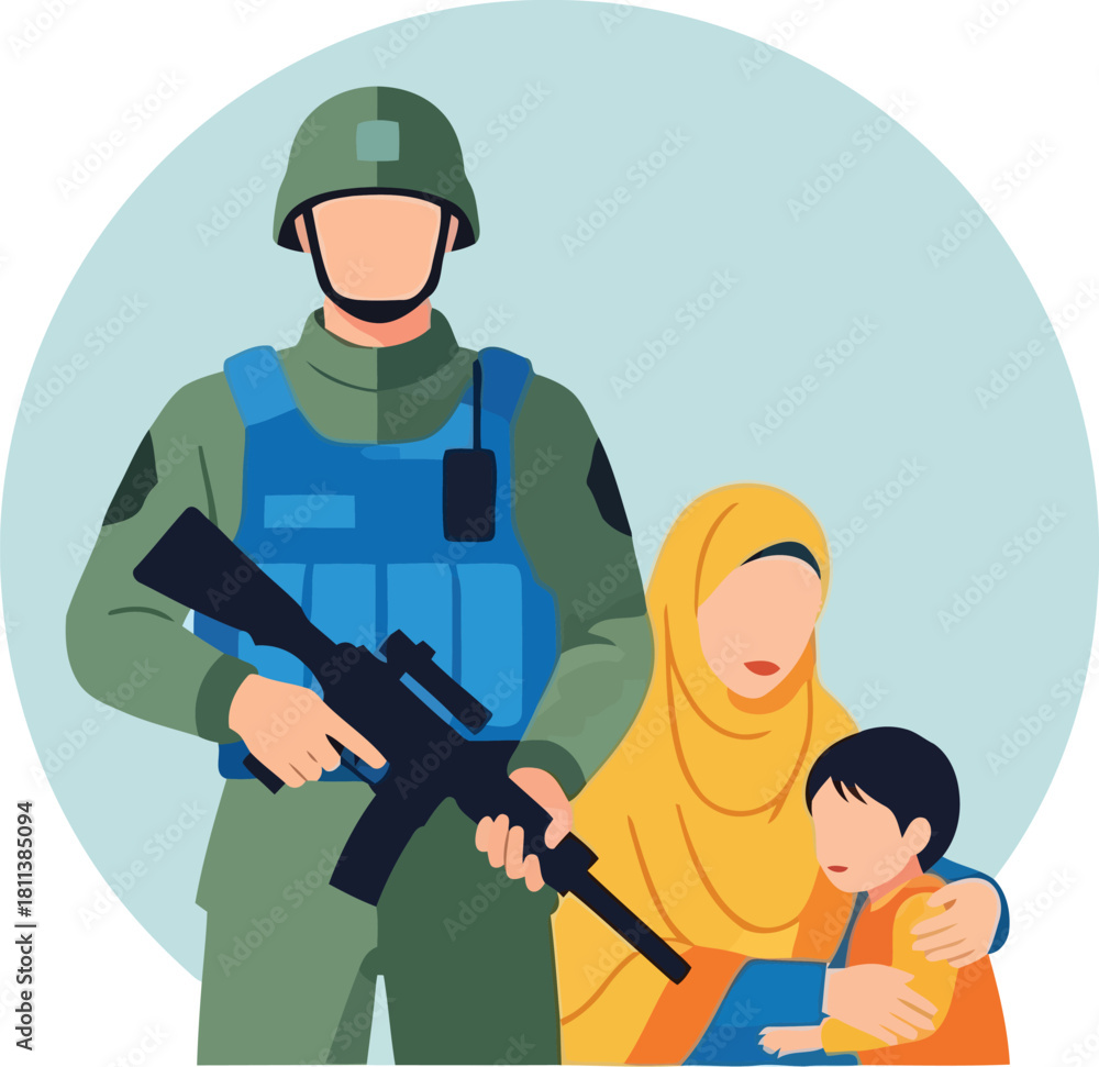 Fototapeta premium Soldier Protecting Muslim Woman and Child Illustration, Security and Protection Concept