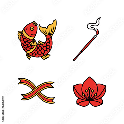 Collection of traditional Asian symbols including a koi fish, incense stick,
