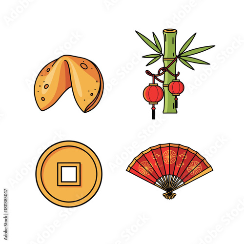 Distinctive icon set showcasing traditional Asian cultural elements and symbols