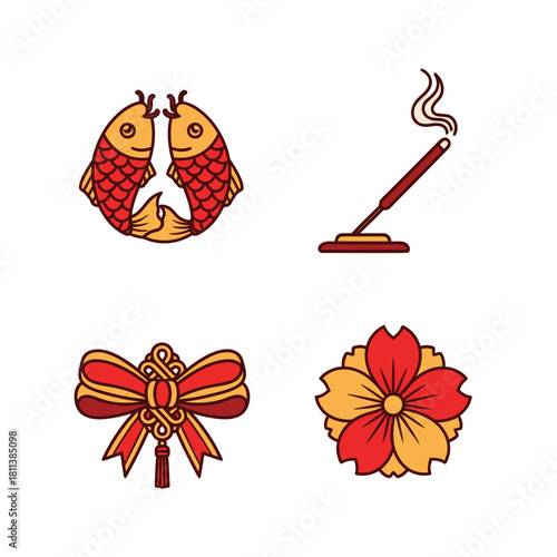 Festive celebration symbols including koi fish, incense stick, bow ornament
