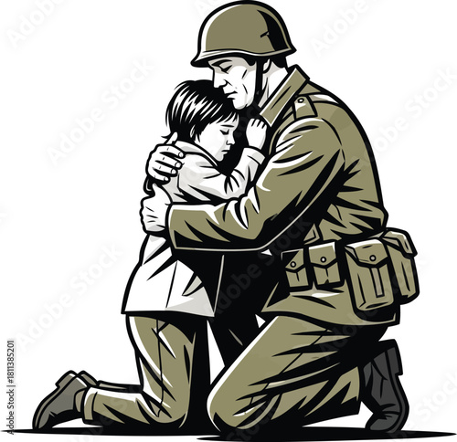 Touching Reunion A Soldier Returns Home Hugging His Child Illustration