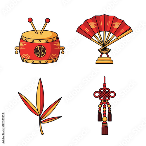 Vibrant collection of traditional Asian decorative items including a drum fan
