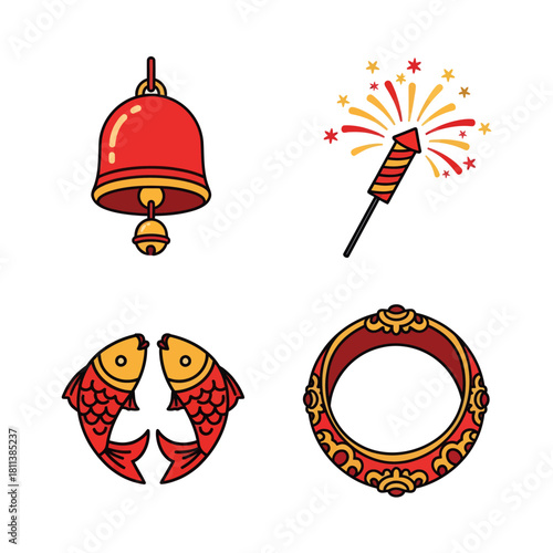 Festive celebration symbols featuring a bell firework lobster and decorative