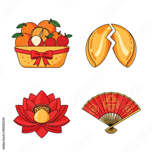 Collection of traditional cultural symbols including fruit basket broken fan