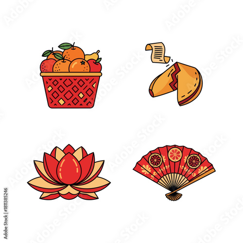 Collection of traditional cultural symbols including fruit basket fan lotus