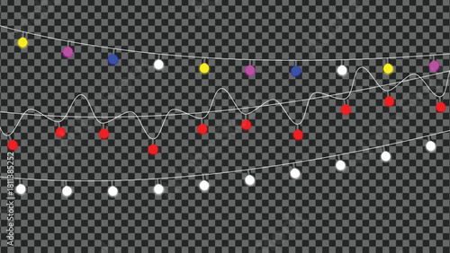 Festive multicolor glowing string lights, party holiday decor isolated on transparent background