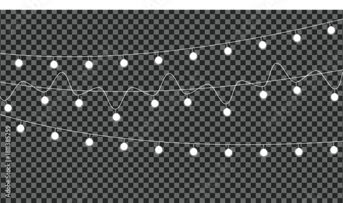 Decorative glowing white string lights on transparent background isolated on transparent background