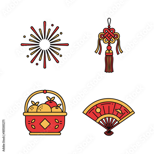 Vibrant collection of traditional Asian and festive decorative elements