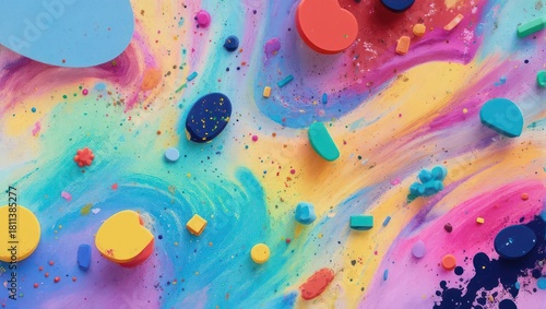 Abstract swirl of vibrant colors with scattered shapes, resembling paint splatters