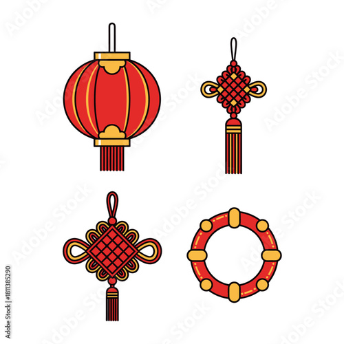 Set of colorful traditional Chinese lanterns and ornaments with vibrant