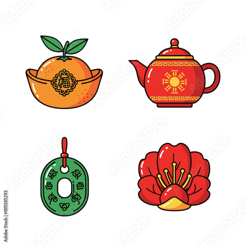 Collection of stylized Asian cultural symbols including fruits, teapot, amulet
