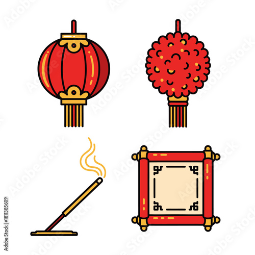 Decorative Chinese lanterns and traditional firecrackers for festive