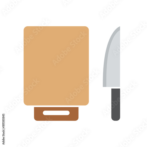 Cutting board and knife, kitchen tools concept, food preparation illustration