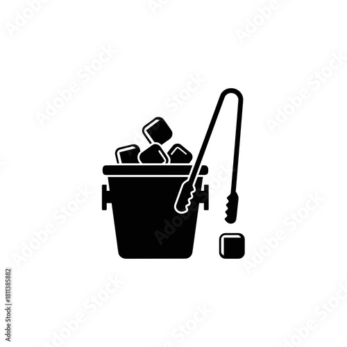 Silhouette of an ice bucket with tongs, minimalist style, beverage preparation, black and white, concept