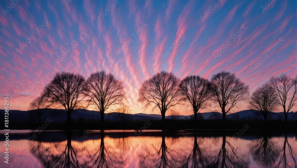 Fototapeta premium Row of silhouettes trees reflected on a calm water at sunrise/sunset with vibrant cloud streaks