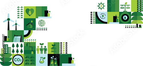 Green transition to environmental friendly world concept. Alternative clean and power production transition to renewable energy for reduce carbon emission,green house gas. Vector background with icons
