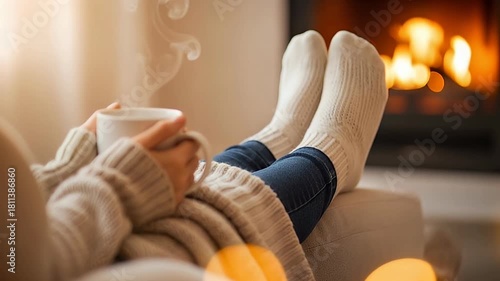Wallpaper Mural Cozy person relaxing by indoor fireplace with steaming hot drink and warm socks Torontodigital.ca