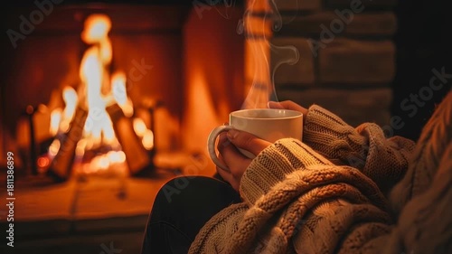 Wallpaper Mural Cozy person in warm sweater holding steaming mug by indoor stone fireplace with bright flames Torontodigital.ca