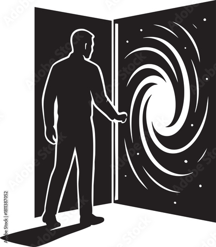Man opening a door to another dimension silhouette vector