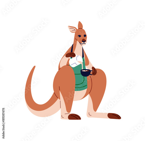 Cute kangaroo barista is making coffee. Australian animal in apron pours milk into cup of cofee, does latte art. Wallaby is cooking drink. Flat isolated vector illustration on white background