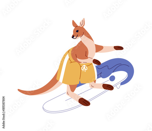 Cute kangaroo is surfung on sea in summer. Happy Australian marsupial animal catches waves with surfboard. Surfer stands on board in ocean. Flat isolated vector illustration on white background
