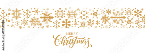 Elegant Christmas vector banner with a horizontal border of golden snowflakes along the top and "Merry Christmas" script calligraphy below on a white background. Seasonal design template for greeting 