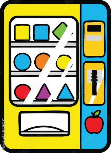 Bright yellow blue and white vending machine filled with colorful geometric shapes and a red apple