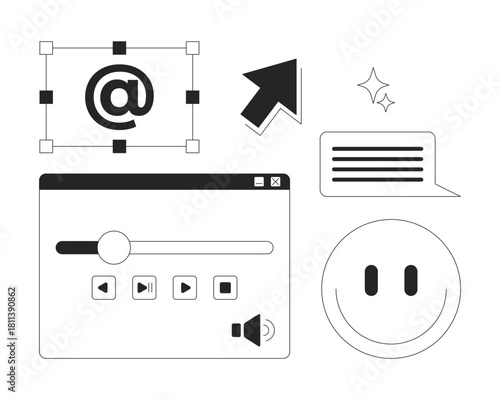 Digital interface controls and emoji 2D line objects set. Smile face. Cursor, message box. Media playback buttons isolated cliparts vector ink outline items. Monochrome spot illustrations collection