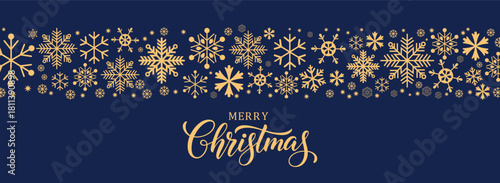 Luxury Christmas vector banner with a horizontal border of golden snowflakes along the top and "Merry Christmas" script calligraphy below, set on a dark navy blue background. Elegant seasonal design t