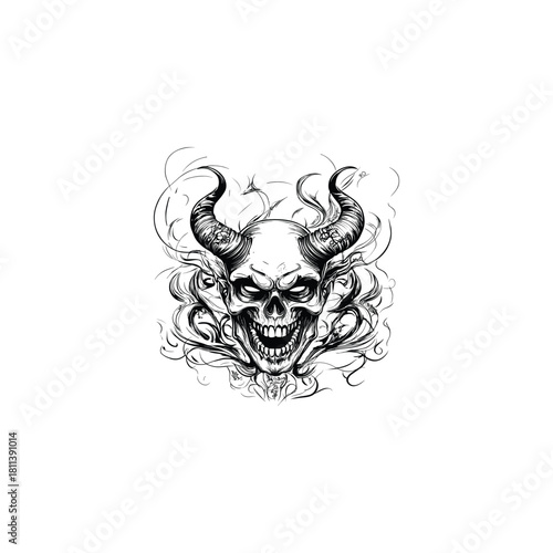 Aggressive dark illustration of a demonic skull with large, curved horns, surrounded by swirling decorative smoke or gothic elements