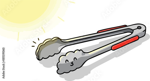 Metal Tongs with Red Accents Illuminated by Bright Sunlight Casting Shadows on White Surface