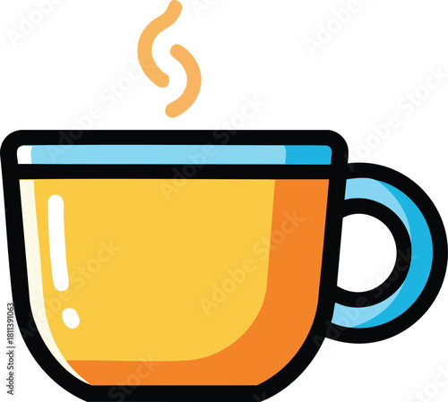 Yellow coffee cup with blue rim emitting steam on white background flat design