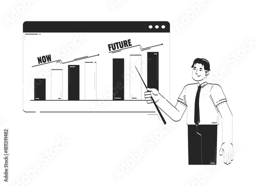 Now future business forecasting doodle line illustration concept. Asian businessman presenting growth comparison chart in web window 2D outline character isolated. Hand drawn ink metaphor monochrome