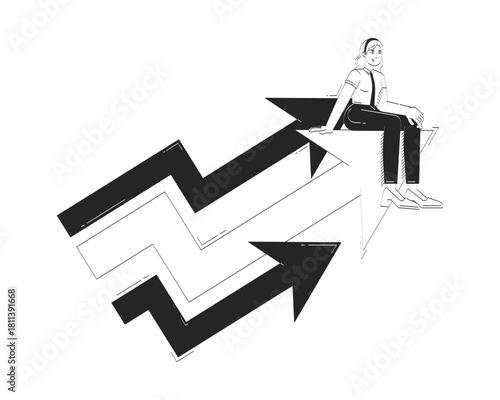 Riding arrows of financial growth doodle line illustration concept. Personal empowerment. Optimistic progress. Upward momentum employee 2D outline character isolated. Hand drawn metaphor monochrome