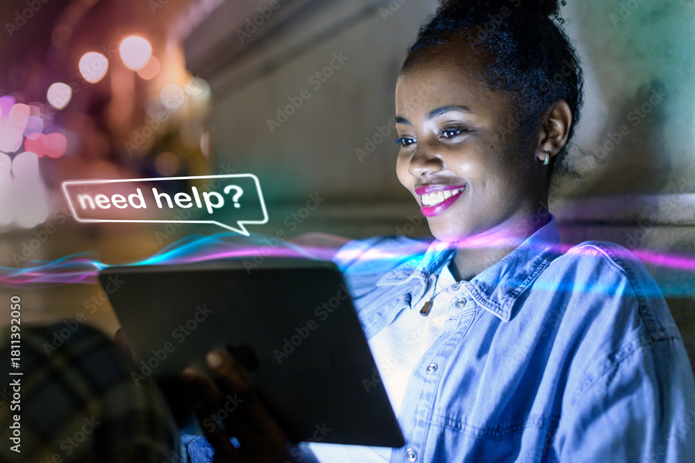 © Westend61 - Smiling woman using tablet with AI chat at night outdoors