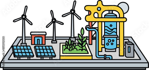 Renewable Energy Station With Solar Panels And Wind Turbines Generating Clean Power
