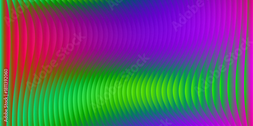 Neon ribbed fractal glass 3d background. Holographic vertical stripe pattern with vibrant purple blue yellow gradient. Abstract black bg, iridescent texture lines in radiant colors. 3D illustration