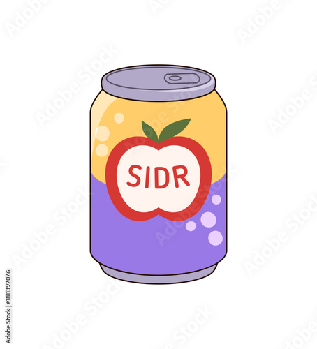 Apple cider in tin can. Icon of alcohol drink in metal bottle. Refreshing beverage with spirits, sparkling booze, tonic in aluminum container. Flat isolated vector illustration on white background