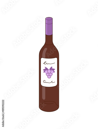 Glass bottle of grape wine. Packaging of alcohol drink with vine. Container with cool beverage, liquor, booze, spirits. Sweet red or rose vino. Flat isolated vector illustration on white background