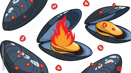 Pixel Art Mussels With Chili Peppers And Flames On White Background